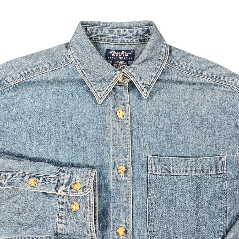 Eddie Bauer VTG Button Down Shirt Womens Small Denim Pocket 100% Cotton Blue